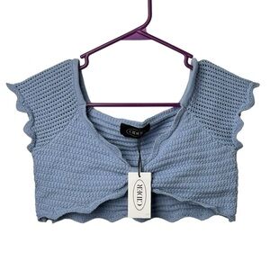 Cider Knit Crop Top NWT Size Large Ruffle Short Sleeve Blue Boho Coquette